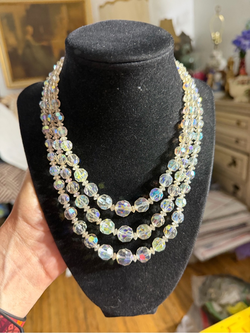 Vintage Silver Tone Three Strand Iridescent Aurora Borealis Crystal Necklace